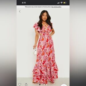Boohoo Floral Maxi Dress in Red and Pink